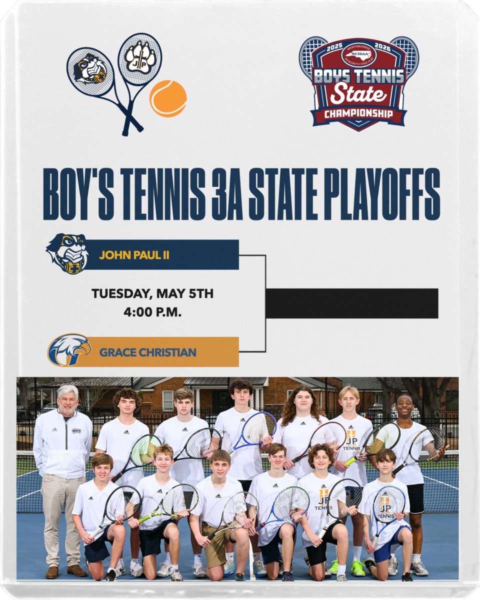 JP2SPORTS's tweet photo. Boy's tennis goes on the road to GRACE Christian in Raleigh on Tuesday for the first round of the NCISAA 3A state playoffs. The match starts at 4:00 p.m. https://t.co/dVRGgnntuJ
