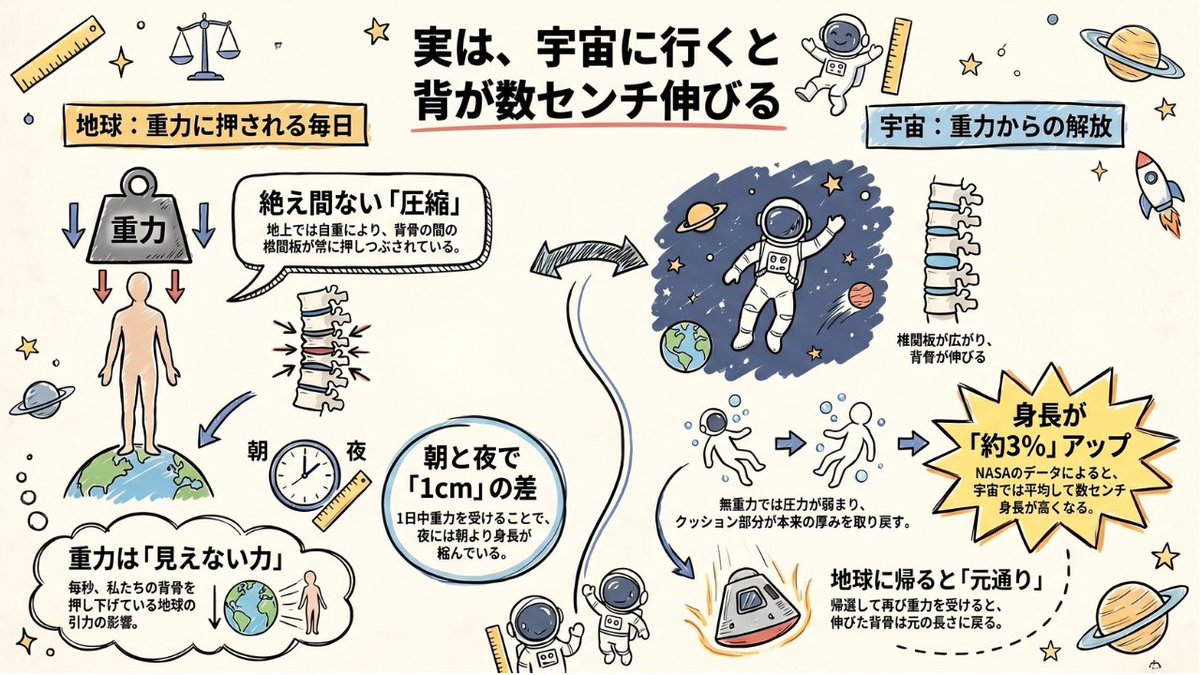知力の背骨 実は、宇宙に行くと背が数センチ伸びる。 地上では、体の重みで椎間板