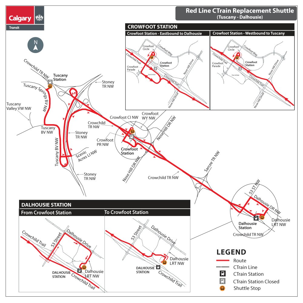calgarytransit's tweet image. May 2-3: RED LINE CLOSURE - #CTRiders please note the Red Line will be closed between Dalhousie and Tuscany stations, for maintenance work. Buses will replace train service between these stations. For details visit: ow.ly/gk5A50YQOj1