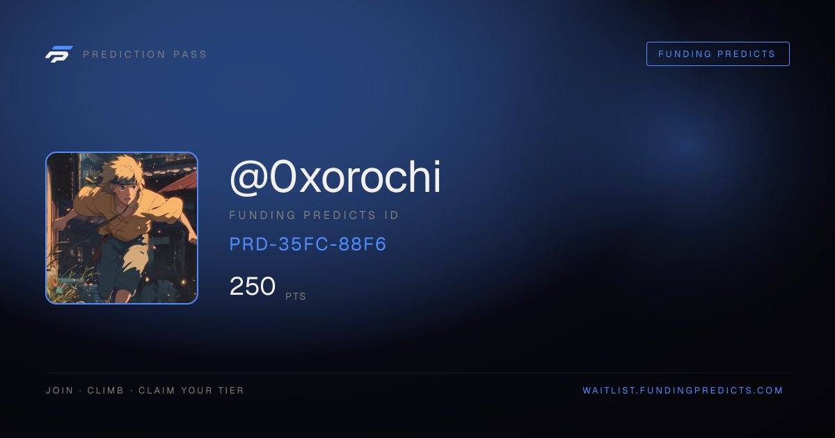 0xorochi's tweet photo. Just claimed my spot on the @FundingPredicts waitlist. Top 50 = founding access + 30% off a funded account. The race is on.

https://t.co/2nDhe9Kd1m https://t.co/gIQvCVTtqn