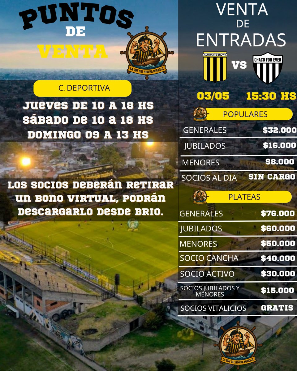 🎫VENTA DE ENTRADAS PARA ALMIRANTE - CHACO FOR EVER
.
Ya están en venta las generales y plateas para no socios en la Ciudad Deportiva Don Luis Mendoza. Los socios podrán descargar su bono gratuito de forma virtual: almirantebrown.brio.club
.
#DaleBrown