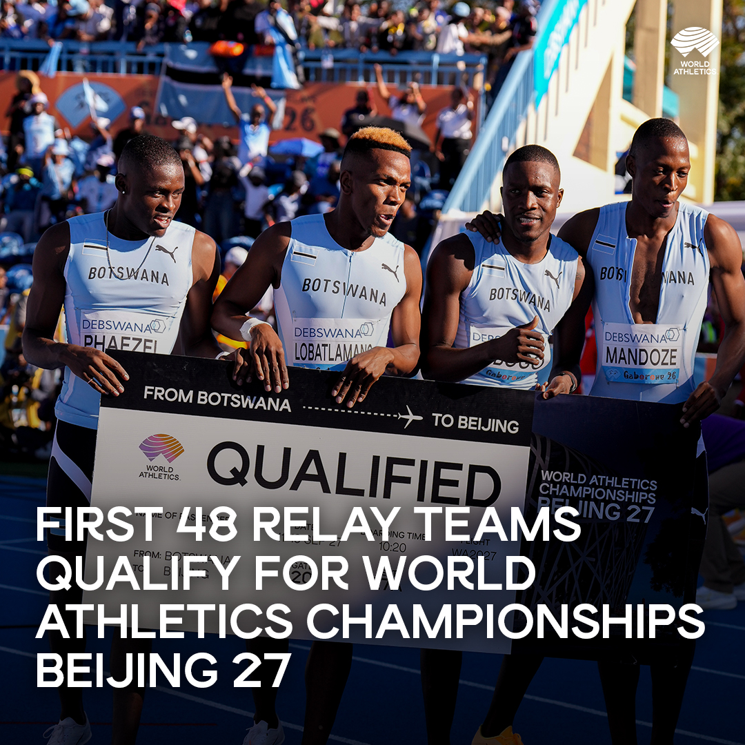 WorldAthletics's tweet photo. The first eight teams in each relay event at the Debswana #WorldRelays Gaborone 26 have secured their places for the #WorldAthleticsChamps Beijing 27 following the opening day of competition 🔥

Press release 🔗 https://t.co/cGb6idxtVz https://t.co/x6qQRuZqw3