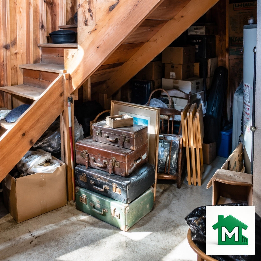 MovingNextdoor's tweet photo. The 'under-the-stairs' zone: where junk goes to be forgotten. 🎒🕸️ Let's bring it back to the light! 

720-584-0006 | https://t.co/pitgzgfgJW
#StorageCleanup #DeclutterYourLife #MovingNextDoor https://t.co/a9Up6kGZiz