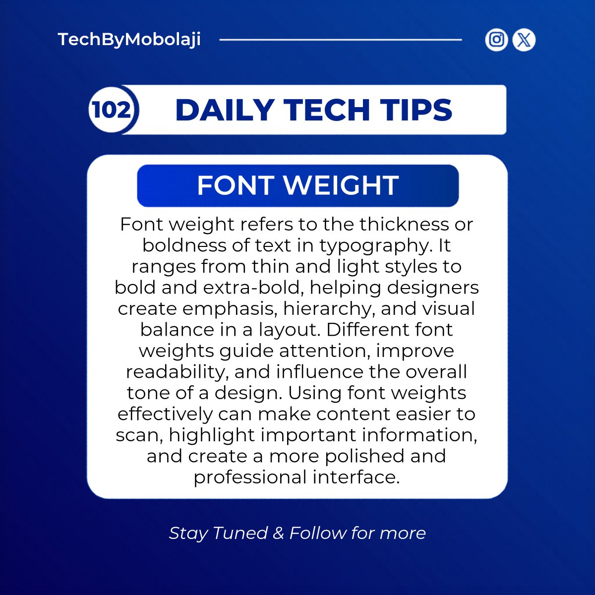TechByMobolaji_'s tweet image. DAILY TECH TIPS - DAY 102🚀

FONT WEIGHT

Do you use different font weights intentionally?

#tech #daily #techtips