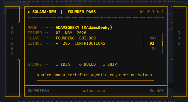 AdamsGeeky's tweet photo. INIT COMPLETE
Got my Founder Pass.
Stack deployed.
Agent activated.
Entering the @dev3pack  Global Hackathon with one 
@dev3pack_NG  @solana_devs 
mission:
→ build something that moves value on-chain
IDEA → BUILD → SHIP
Let’s cook.
#Solana #Dev3pack #Web3Builders https://t.co/V4CNtFLCdI