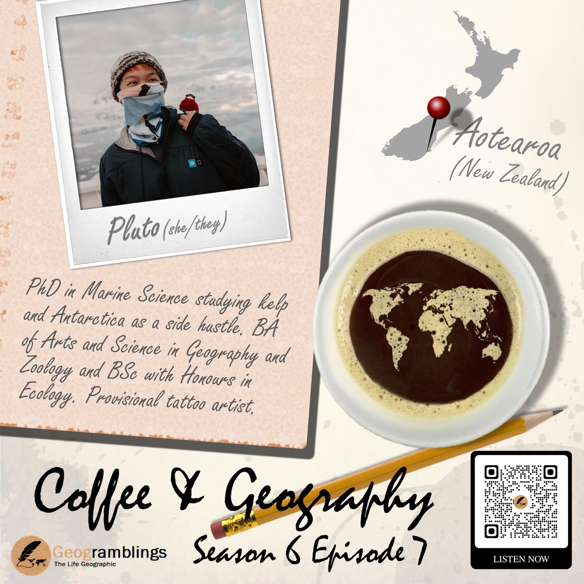 geogramblings's tweet photo. Kelp, capitalism, Antarctica &amp; tattoos — this episode has everything! I chat with Pluto Liu on #CoffeeGeogPod about identity, marine science, Aotearoa, creativity, and embracing a geography made of all the places we’ve been.

Listen now!🎧 Audio: https://t.co/vSUjaQ9Joq https://t.co/LOYGymn1pg
