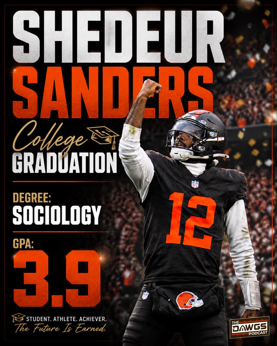 thedawgspodcast's tweet image. Browns QB Shedeur Sanders graduates college today with a degree in sociology and a GPA of 3.9 at Colorado.