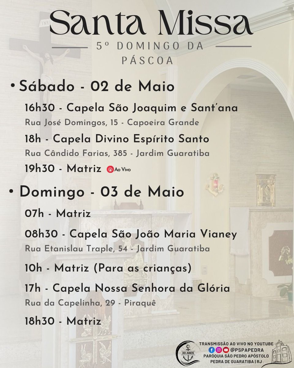PSPA_PEDRA's tweet photo. ▫️5º Domingo da Páscoa

➡️ Confira a programação

📖 Leituras

• 1ª Leitura - (At 6,1-7)
• Salmo - Sl 32(33),1-2.4-5.18-19 (R. 22)
• 2° Leitura - (1Pd 2,4-9)
• Evangelho - (Jo 14,1-12) https://t.co/eqbmcc6r2n