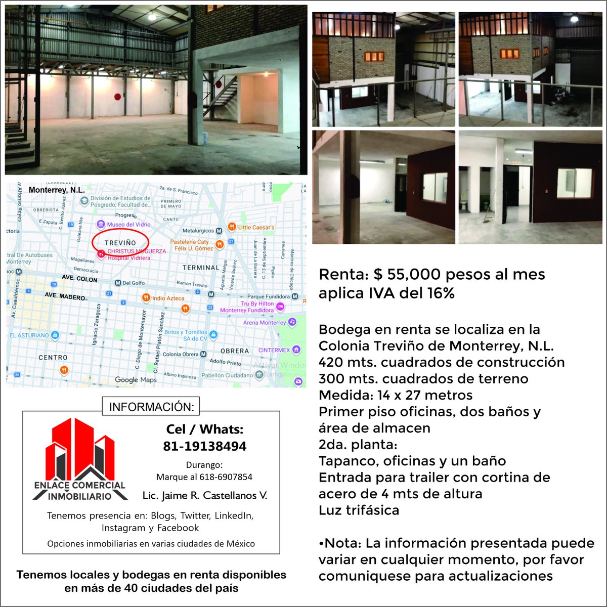 encommexico's tweet photo. Bodega de 420m2 de construcción, Col. Treviño, Monterrey NL / $ 55,000 al mes más IVA
Más detalles al Cel/WhatsApp: 8119138494
Lic. Jaime Castellanos / Enlace Comercial Inmobiliario
En este enlace puede ir a nuestro WhatsApp:
https://t.co/l9jDfBrsEL https://t.co/W0vklCJ1uz
