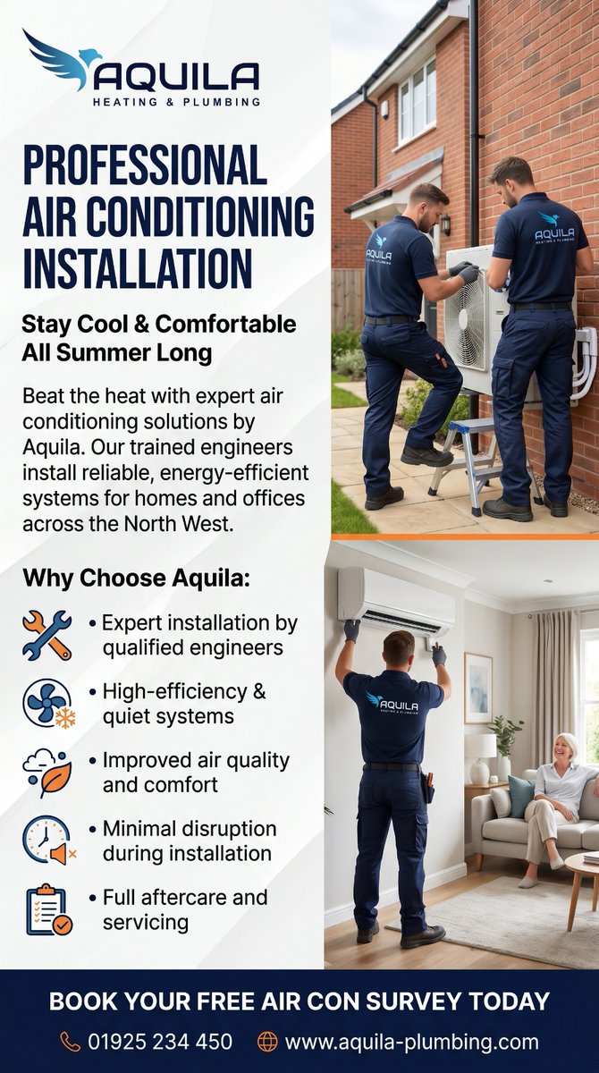 Aquila_Heating's tweet photo. When temperatures rise, comfort at home becomes essential.

A professionally installed air conditioning system allows you to stay cool, maintain better air quality, and enjoy a more comfortable indoor environment throughout the summer months.

Aquila’s experienced engineers deliver efficient, reliable installations with minimal disruption—so you can focus on enjoying your space, not worrying about the heat.

Why Choose Air Conditioning?

* Consistent cooling for your home or office
* Energy-efficient and cost-effective systems
* Improved indoor air quality
* Quiet and reliable performance

🔗 https://t.co/pKqN4MSAjA

📞 01925 234 450

📍 https://t.co/OtlWBCP0qe

#AirConditioning #HomeCooling #EnergyEfficient #ComfortLiving #UKServices