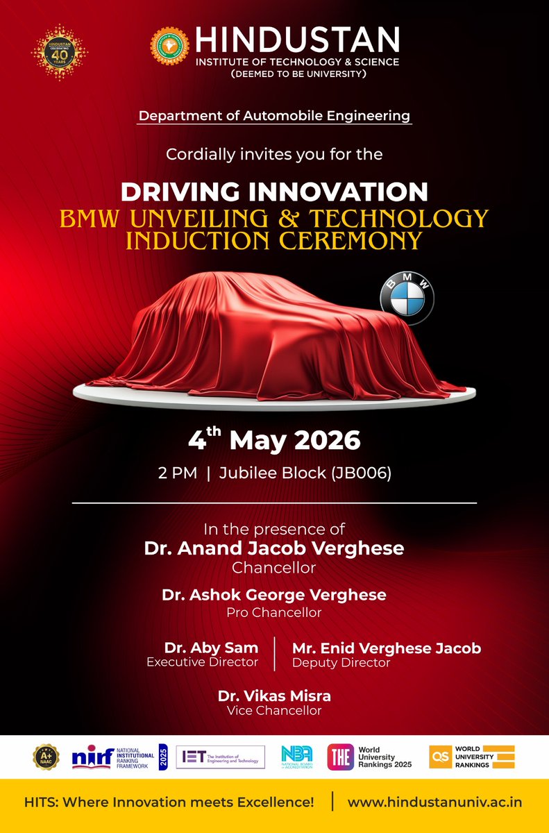 AutodeptHits's tweet photo. 🚗 Driving Innovation @ HITS!

Join us for the BMW Unveiling &amp; Technology Induction Ceremony ✨

🗓️ May 4, 2026 | ⏰ 2 PM
📍 Jubilee Block (JB006)

Be there to witness innovation in motion!

#HITS #BMW #DrivingInnovation #AutoEngineering #T2TechEvent #FutureEngineers #autohits https://t.co/H3mjmKoZ56