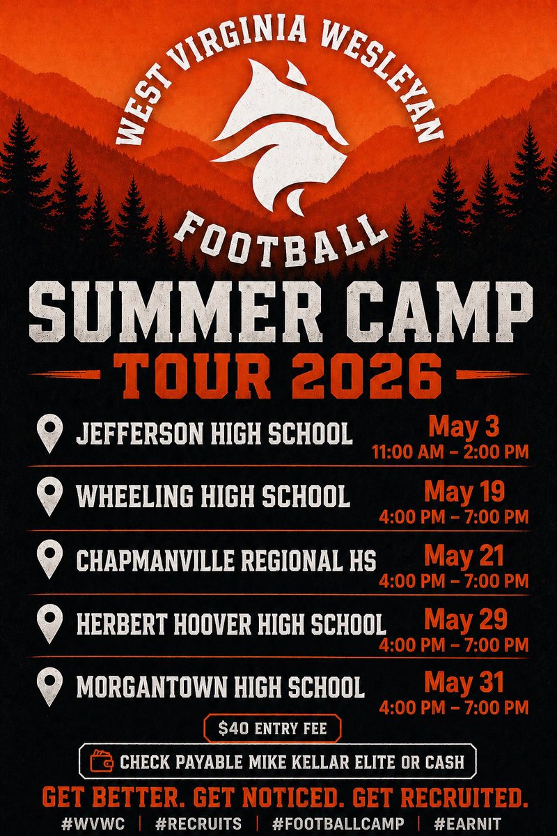 CoachJDBrown's tweet photo. Last call ⏰

WVWC Football Summer Camp Tour 2026 is HERE. This is your shot to get in front of college coaches, compete, and get evaluated.

📍 Jefferson HS – May 3 (11–2)
📍 Wheeling HS – May 19 (4–7)
📍 Chapmanville Regional – May 21 (4–7)
📍 Herbert Hoover HS – May 29 (4–7)
📍 Morgantown HS – May 31 (4–7)

💰 $40 Entry Fee

No more waiting. No more “next time.”
Show up. Compete. Get seen.

GET BETTER. GET NOTICED. GET RECRUITED.

#WVWC #Recruits #FootballCamp #EarnIt