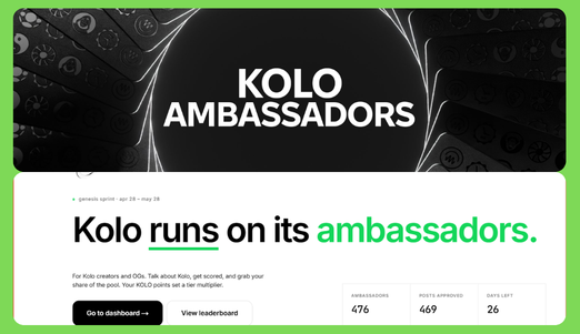 Moneyz0x's tweet photo. KoloHub has just launched its Ambassador Programme. 💚

Monthly rewards: $15,000 pool💰
Top 25 contributors get paid

Current stats:
👥 Ambassadors: 476
✅ Posts approved: 469
⏰ Days left: 26

How to join?
✅ Market Kolo your way
✅ Posts, threads, videos, whatever you like
✅ Leaderboard Reset each round
✅ Every month new people can win

Why Kolo matters:
- Real-world crypto usage
- Spend via Visa terminals
- Accepted in 150+ countries 

The opportunity: Promote + Earn

Join Ambassador Program @KoloHub  👇
https://t.co/9GEbzKHxiR