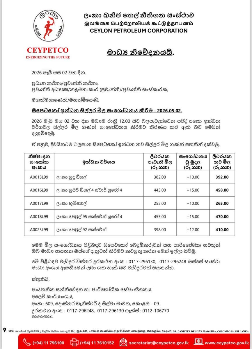 rosharc1's tweet photo. අද (02 ) මධ්‍යම රාත්‍රියේ සිට ක්‍රියාත්මක වන පරිදි ඉන්ධන මිල ඉහළට. 

සුදු ඩීසල් ලීටරයක් රු.10 කින්,
සුපිරි ඩීසල් ලීටරයක් රු.15 කින්,
භූමිතෙල් ලීටරයක් රු.10 කින්,
ඔක්ටේන් 95 පෙට්‍රල් ලීටරයක් රු.15 කින්
ඔක්ටේන් 92 පෙට්‍රල් ලීටරයක් රු.12 කින්

#srilanka #fuelprice https://t.co/P8snGvDKJM