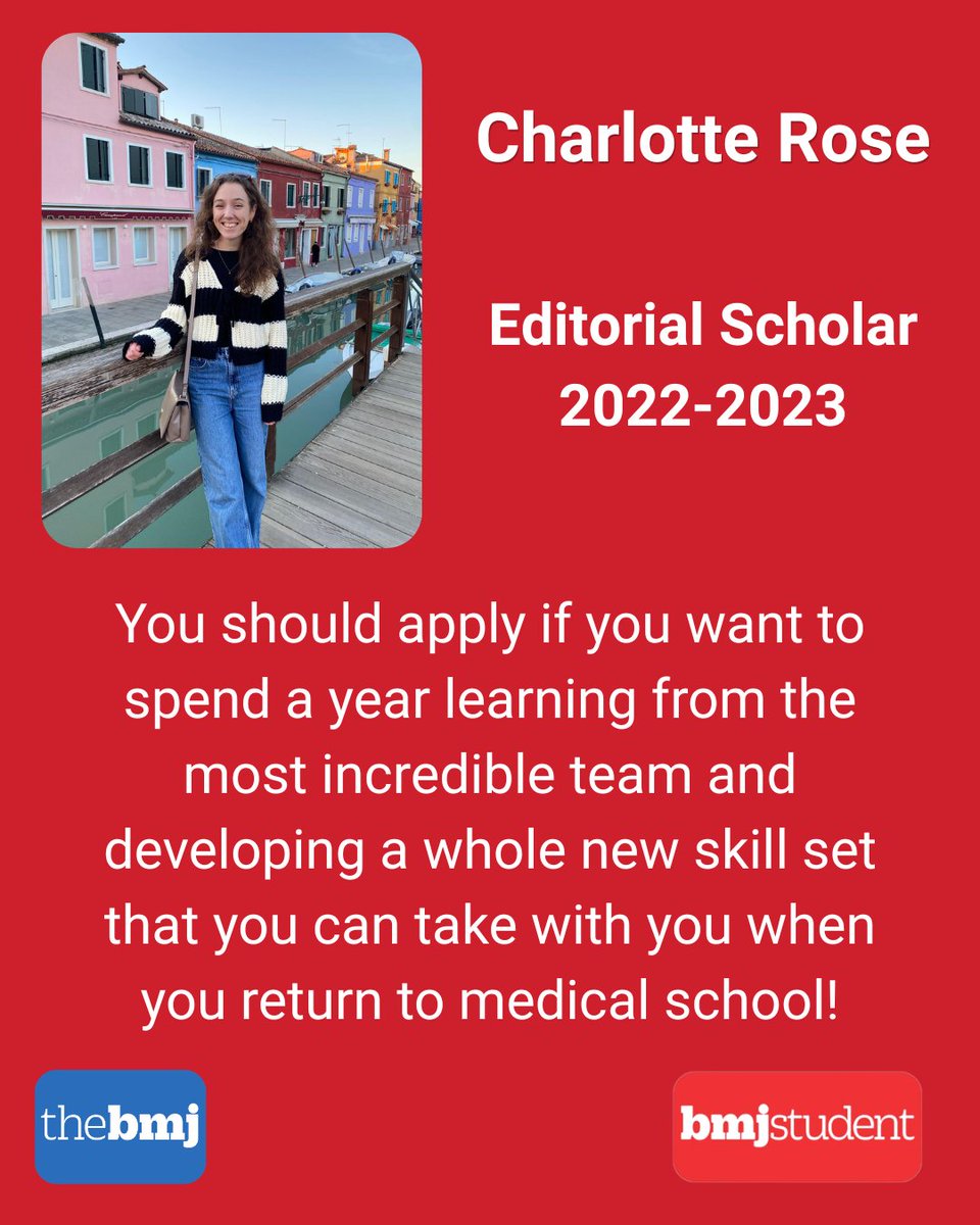 BMJStudent's tweet photo. 🩺📰 Apply to be The BMJs next editorial scholar. The closing date for applications is 5pm on the 8th of May!

Find out more including how to apply via the link in our bio or here (https://t.co/2jlfs1zM24). For more information you can also email Zaynah at zaynah.khan@bmj.com. https://t.co/zmlsHSf4sj