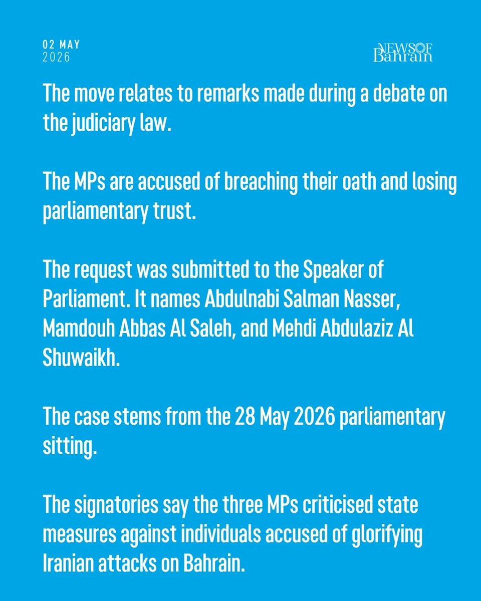 AshenJournalist's tweet image. Ten MPs have submitted a formal request to the Speaker of Parliament seeking the removal of three fellow lawmakers over remarks made during a debate on Bahrain’s judiciary law. 

#NewsofBahrain #news #Bahrain #Manama