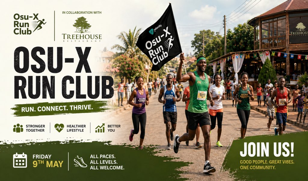 Valorcityclub's tweet photo. Saturday May 9th, 2026 - Treehouse Restaurant, Nyaniba, Osu. 

📌 Osu-X Morning Community Run 🏃🏾

Check in: https://t.co/0iyXR0JU7Y https://t.co/8Ry4jbDgbG