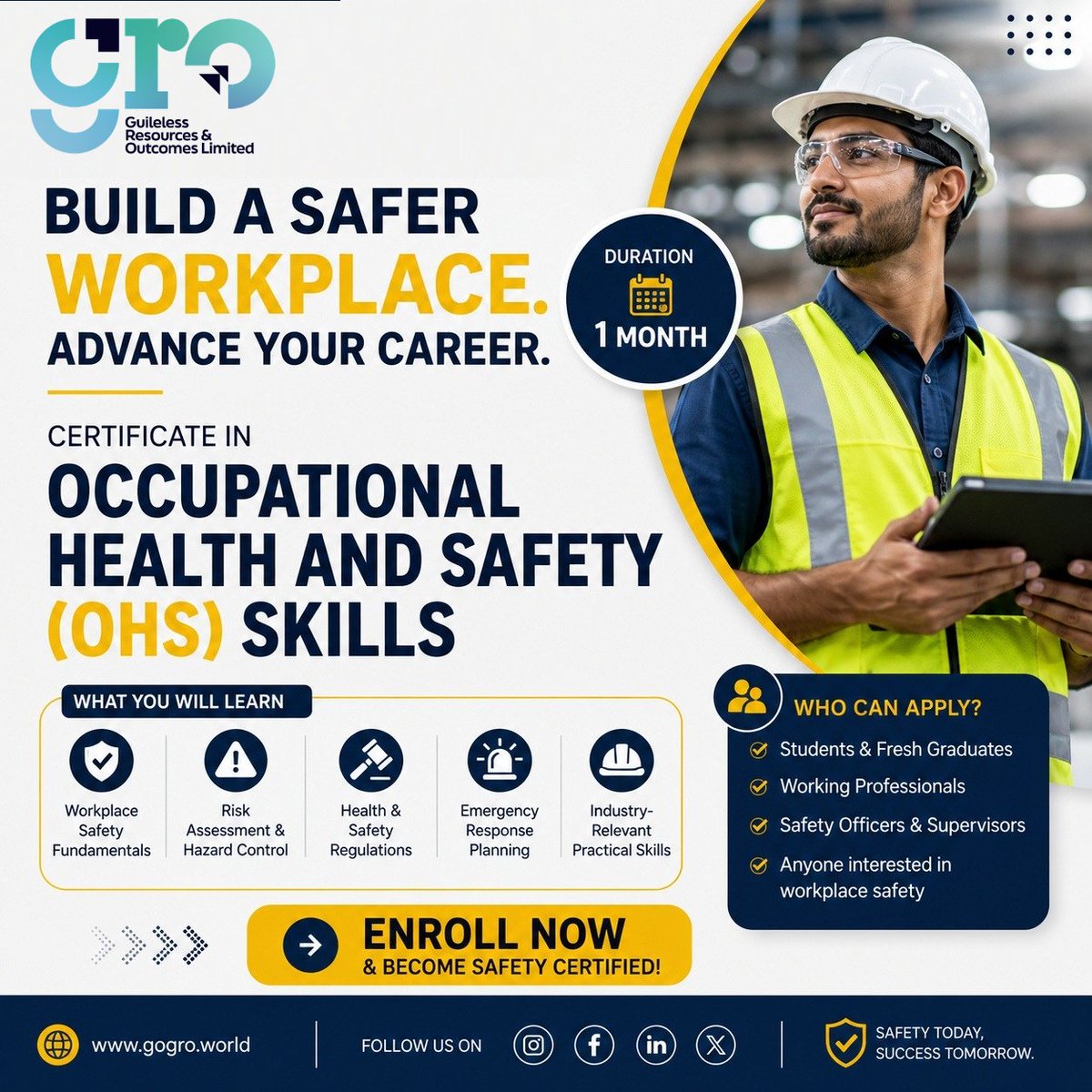Groeducation's tweet image. Build a safer workplace. Advance your career. 

Certificate in Occupational Health &amp;amp; Safety (OHS) Skills
1 Month Program
Enroll now: gogro.world⁠

#OHS #WorkplaceSafety #Skills #CareerGrowth