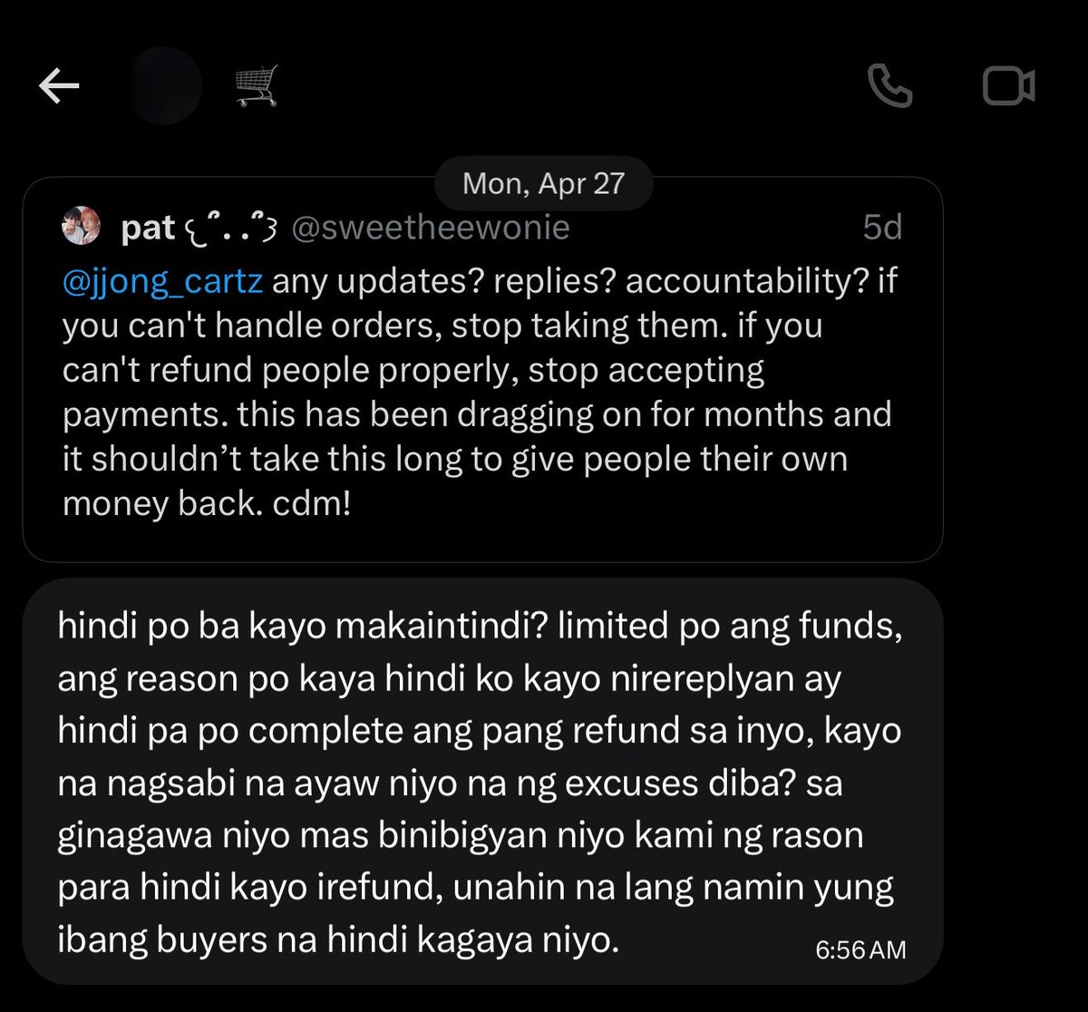 sweetwonchu's tweet photo. @jjong_cartz @Yangdogarden akala ko matapang ka when u were saying buyers like me wouldn’t be prioritized? tas ngayon, biglang walang capacity to refund? also, what exactly do you mean by buyers like me? the ones who paid in full and waited for months? or the ones who spoke up after being ignored? :) HAHA https://t.co/a8DZQK0pR7