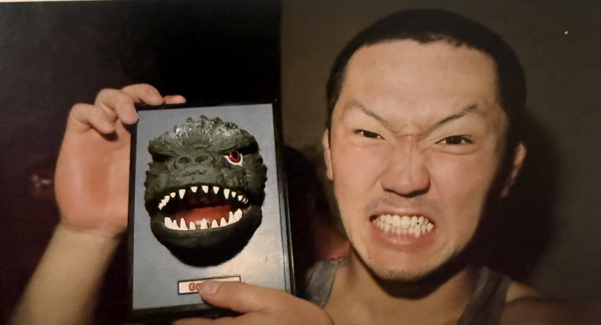 Taken in 1985, I was unaware that Keiichi Yamada/Jushin “Thunder” Liger was a huge fan of Godzilla, complete with models and rare magazines