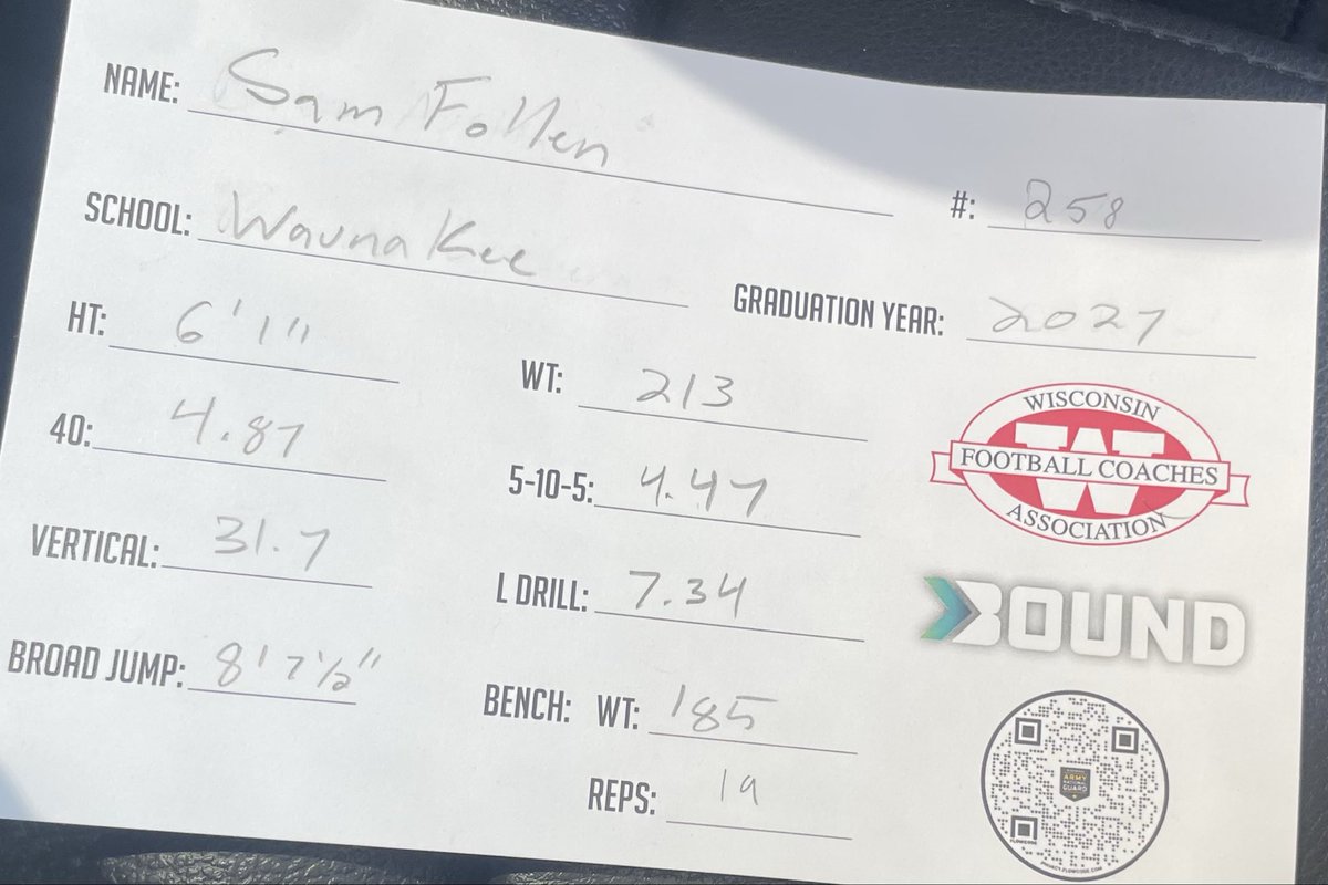 FollenSam's tweet photo. Thank you @TravisBOUND for a great day at the WFCA combine. Excited to get back to work. 
@MJ_NFLDraft 
@WaunakeeFBRecr https://t.co/zy6VSHLPrx