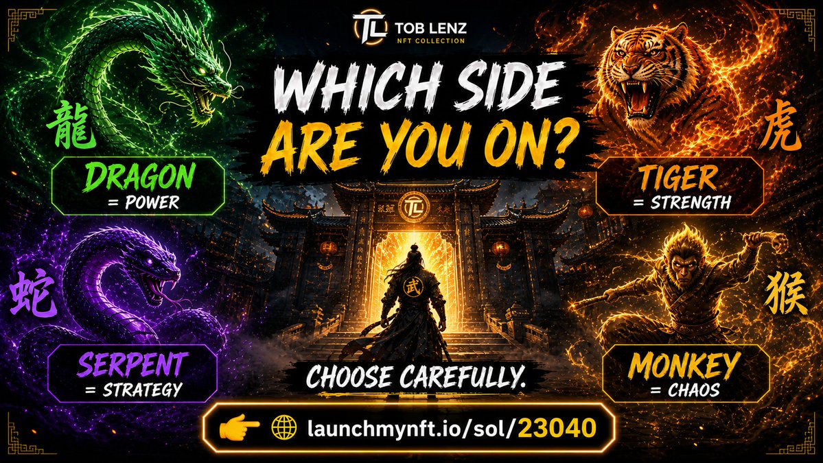 kungfulands's tweet image. Which side are you on?
🐉 Dragon = Power
 🐅 Tiger = Strength
 🐍 Serpent = Strategy
 🐒 Monkey = Chaos
Choose carefully.
 👉 launchmynft.io/sol/23040

#NFT #SolanaNFT #MintLive #Web3
