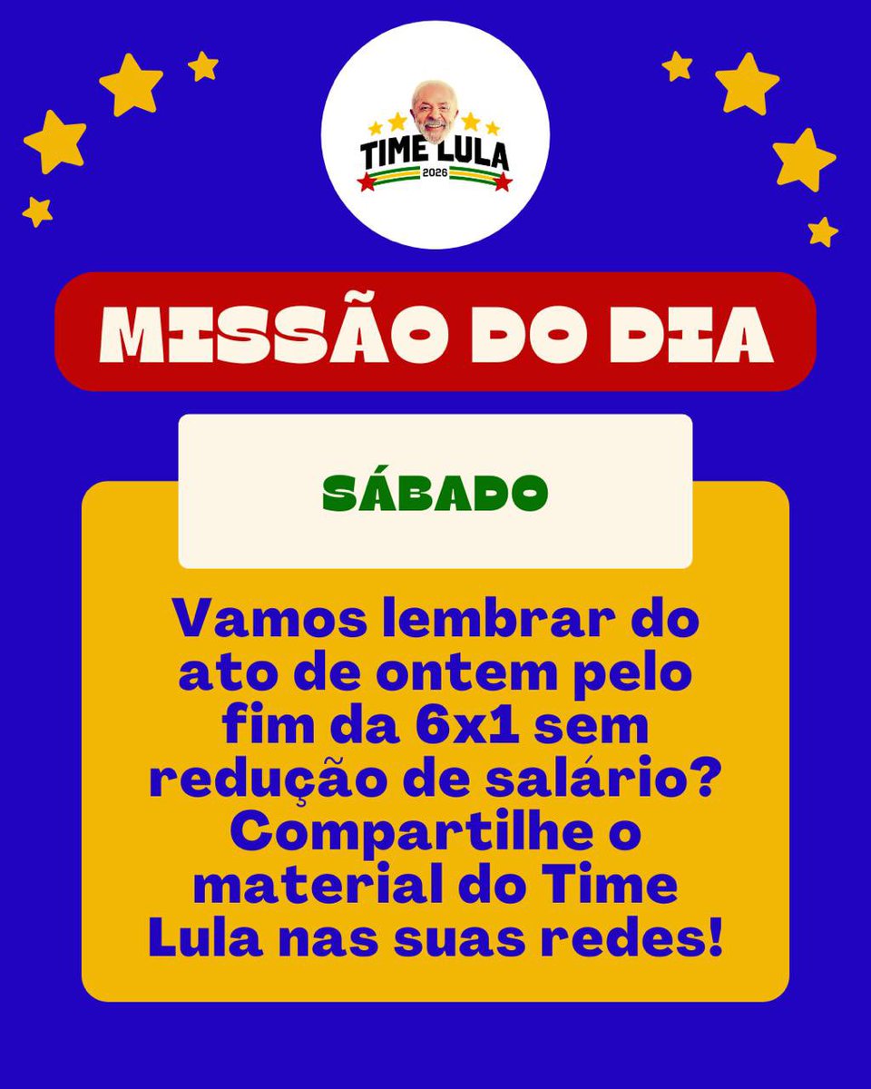 TimeLulaBrasil's tweet photo. O ato de ontem foi gigante, mas a luta continua na rede! 📢 Bora mostrar a força da nossa união? Pegue os materiais oficiais do Time Lula, poste nos seus Stories e mostre pra todo mundo que o fim da 6x1 sem redução de salário vem aí. 🚩🚀 https://t.co/ONqm6rTpgY