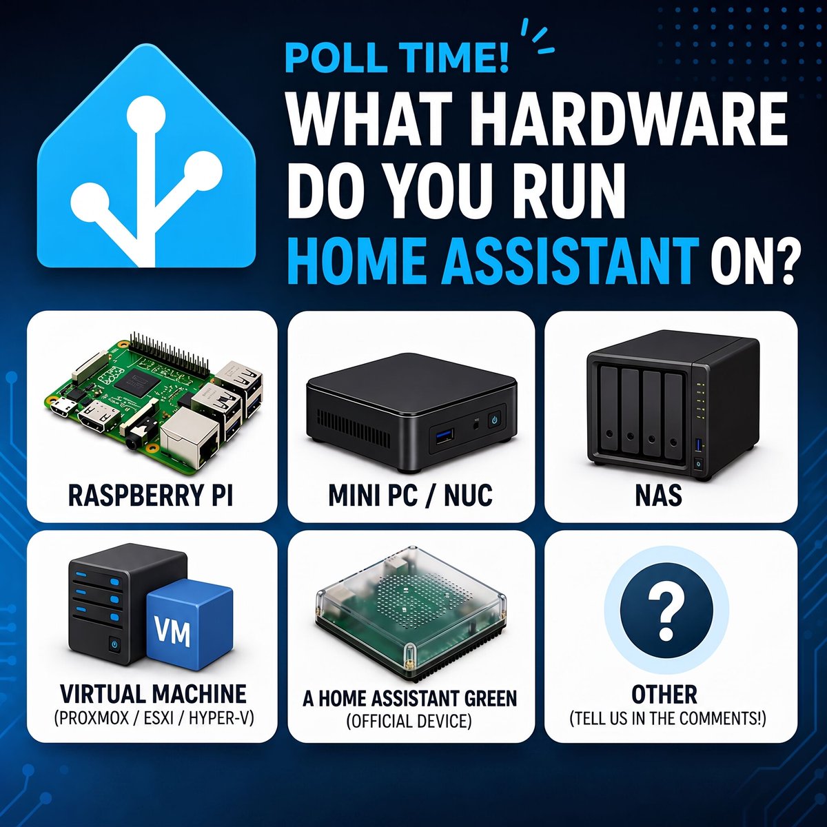 smarth0mejunkie's tweet image. 📊 Poll: What hardware do you run Home Assistant on?

I currently use an HP Thin Client T630. Let me know your setup!

#homeassistant #smarthomejunkie #smarthome #tech