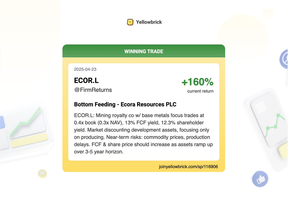joinyellowbrick's tweet photo. 160% returns in one year for @FirmReturns on their Ecora Resources $ECOR.L pitch from a year ago https://t.co/50dwmVZCXy