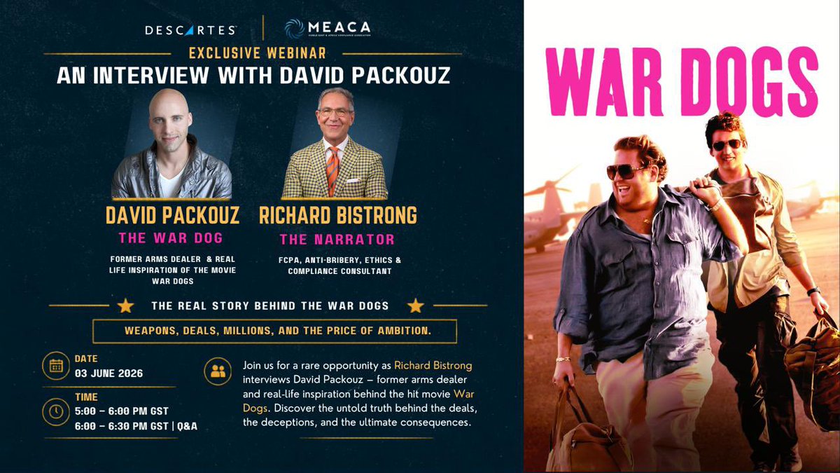 RichardBistrong's tweet image. Looking forward to this conversation with @DavidPackouz the real  @wardogsmovie on June 3rd ❗️

Link here to register: me-aca.glueup.com/event/the-real…

#ethics #compliance #export #trade #sanctions #wardogs