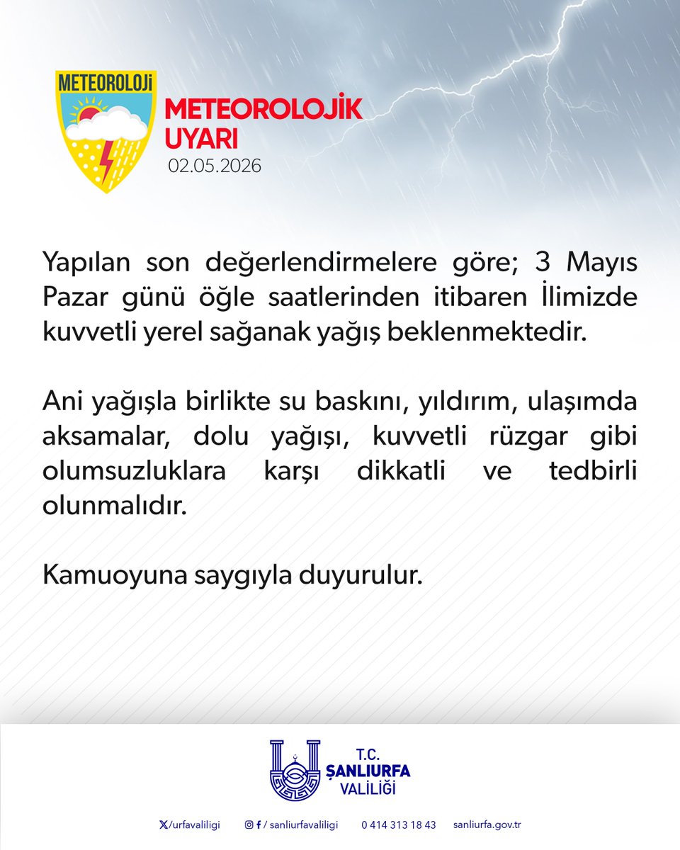 UrfaValiligi's tweet photo. ⚠️ Meteorolojik Uyarı https://t.co/VjbUbFpEnn