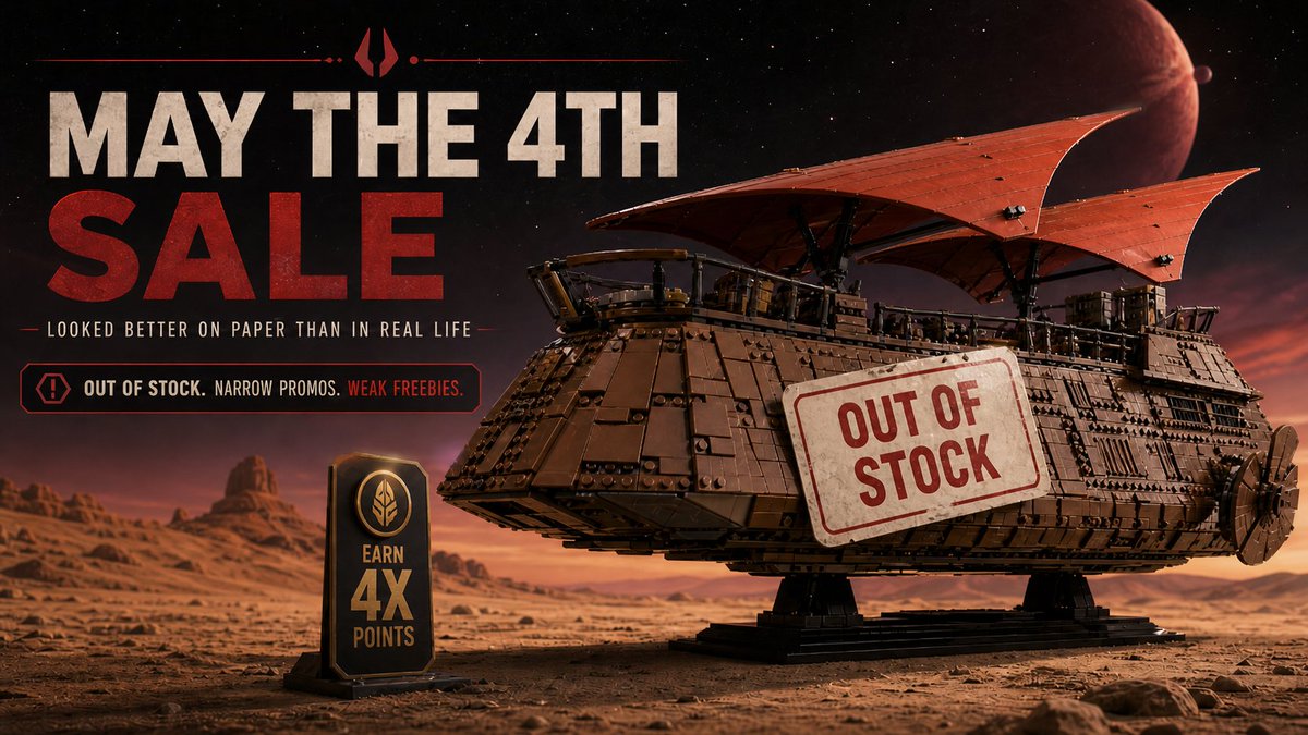 StudSource's tweet photo. Did LEGO kinda fumble May the 4th this year?

The Sail Barge sold out fast, the 4x points promo was super narrow, and the GWPs just weren’t strong enough to carry it.

New StudSource Weekly:
 https://t.co/P81NVzlAVZ
What did you think?

#LEGO #LEGOSTARWARS #AFOL https://t.co/CvorS1Lo6q