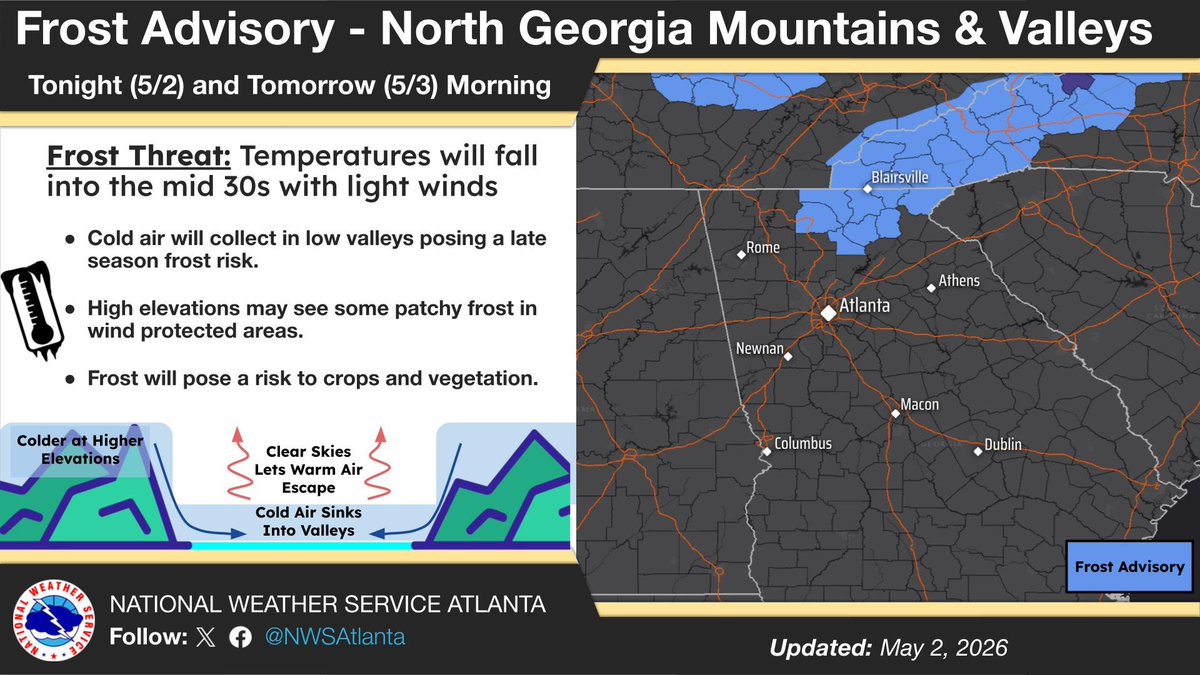 NWSAtlanta's tweet photo. A frost advisory has been issued for portions of north Georgia from midnight until 9am Sunday. Temperatures tonight are expected to fall into the mid 30s for higher elevations and wind protected valleys. Cold may pose a risk to crops and vegetation. #gawx https://t.co/wVjuwA267G