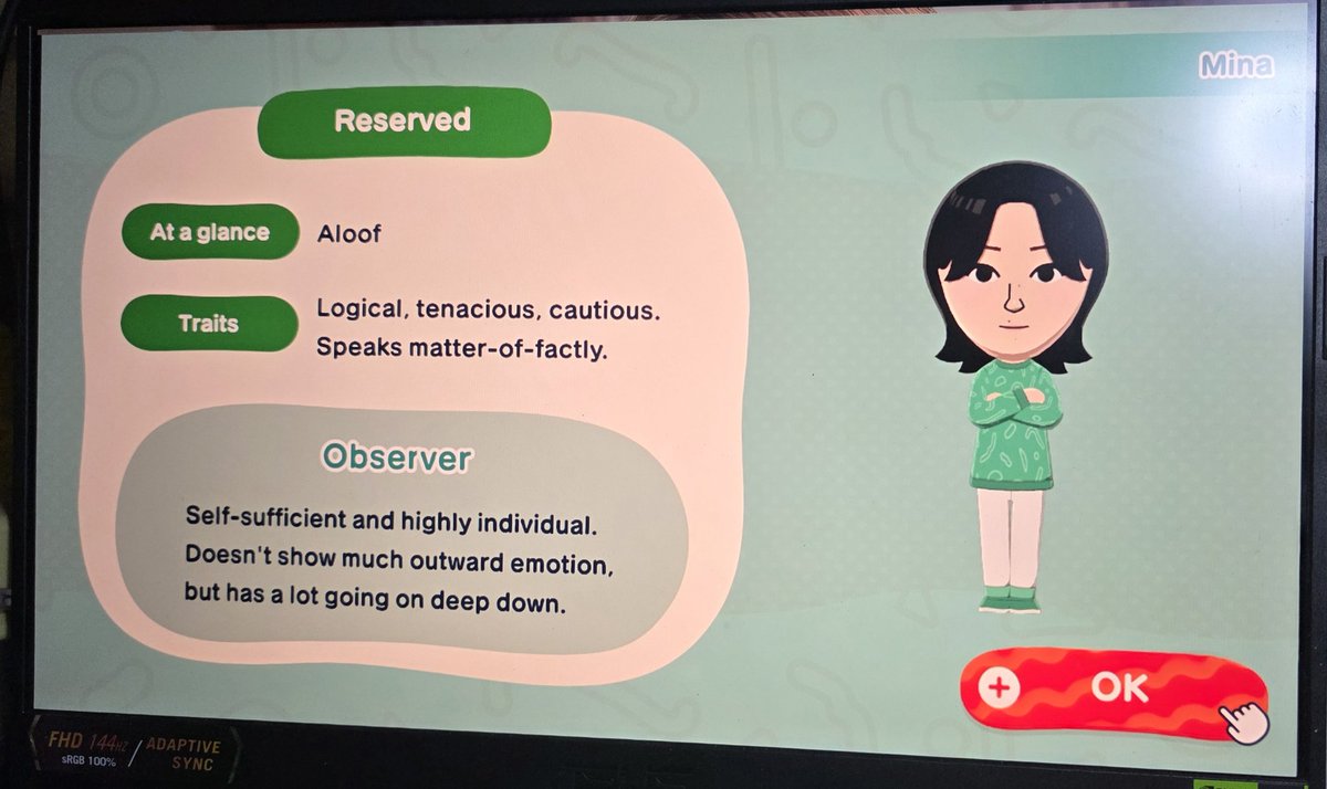 I got tomodachi life and mina got her color 🥹🥹