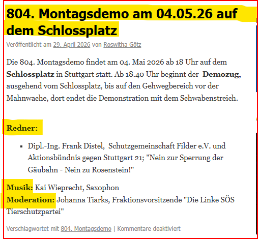 Earthfriend21's tweet image. ℹ️ #SavetheDate #Stuttgart #s0405 #BadenWürttemberg 
804. #Montagsdemo gegen #Stuttgart21 am 04.05.26
🔴Redner:
Frank Distel,@Schutzgemeinsc1
🔴Musik: Kai Wieprecht, Saxophon
🔴Moderation: @JohannaTiarks, Fraktionsvorsitzende "#DieLinke SÖS Tierschutzpartei"