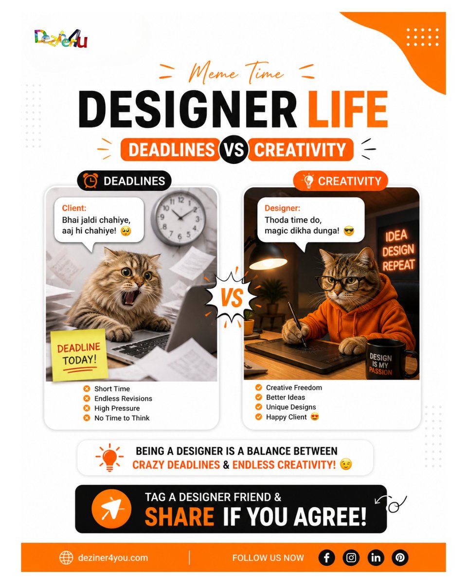 deziner4you's tweet image. Client: "Bhai jaldi chahiye!" 🏃‍♂️ 

Designer: "Thoda time do, magic dikha dunga!" ✨Designer life is a 24/7 balance between crazy deadlines and endless creativity.👇 Join the inner circle: whatsapp.com/channel/0029Va…

#DesignLife #Deziner4you