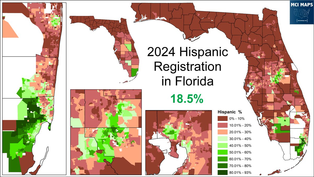 MappingFL's tweet image. Florida is known for having a large Hispanic population in the Miami-Dade area.

However, the biggest story of Florida Hispanics has been the massive growth in the Orlando area

My next article will look at how the Hispanic population is hurt by DeSantis' new Congress map #flapol