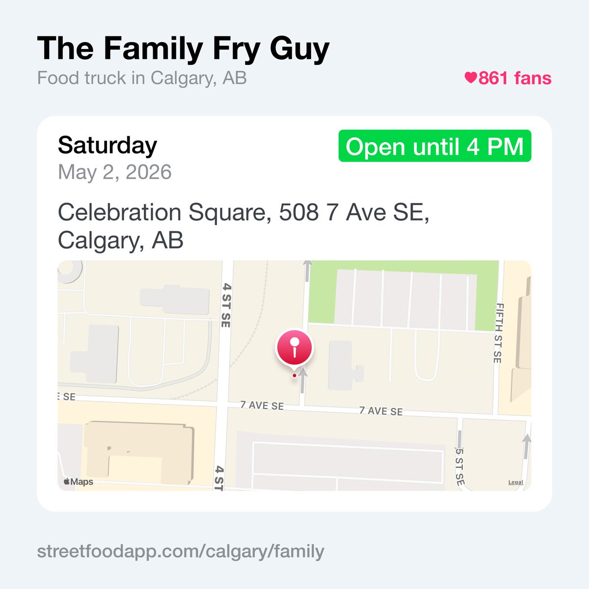 We're open Saturday May. 2 from 11 AM - 4 PM at Celebration Square, 508 7 Ave SE, Calgary, AB. Come on down and grab a free hotdog &amp; drink compliments  of Calgary Municipal Land Corporation!

streetfoodapp.com/calgary/family