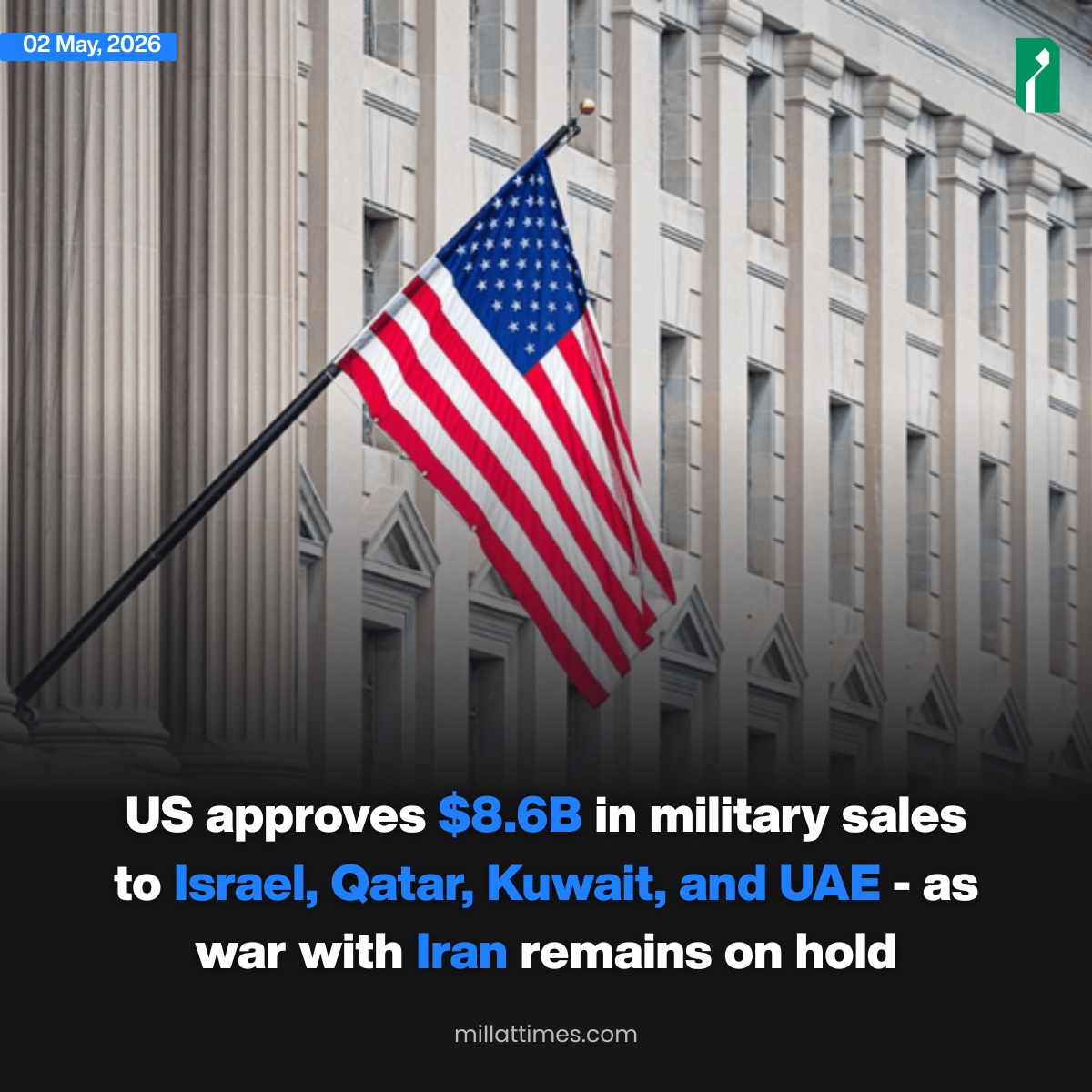 Millat_English's tweet image. The US State Department approved $8.6 billion in military sales to Israel, Qatar, Kuwait, and UAE. 

The deals come as the US-Israel war on Iran remains on hold under a fragile Pakistan-mediated ceasefire.

#US #ArmsSales #MiddleEast #Iran