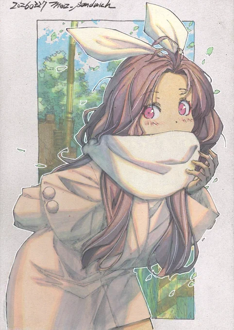 【アナログ2483:春のツバサバニー001】寒がりな彼女の春服姿。 #watercolorpainting #traditionalart #moeart #kawaiiart #cutekawaii #copicmarkers