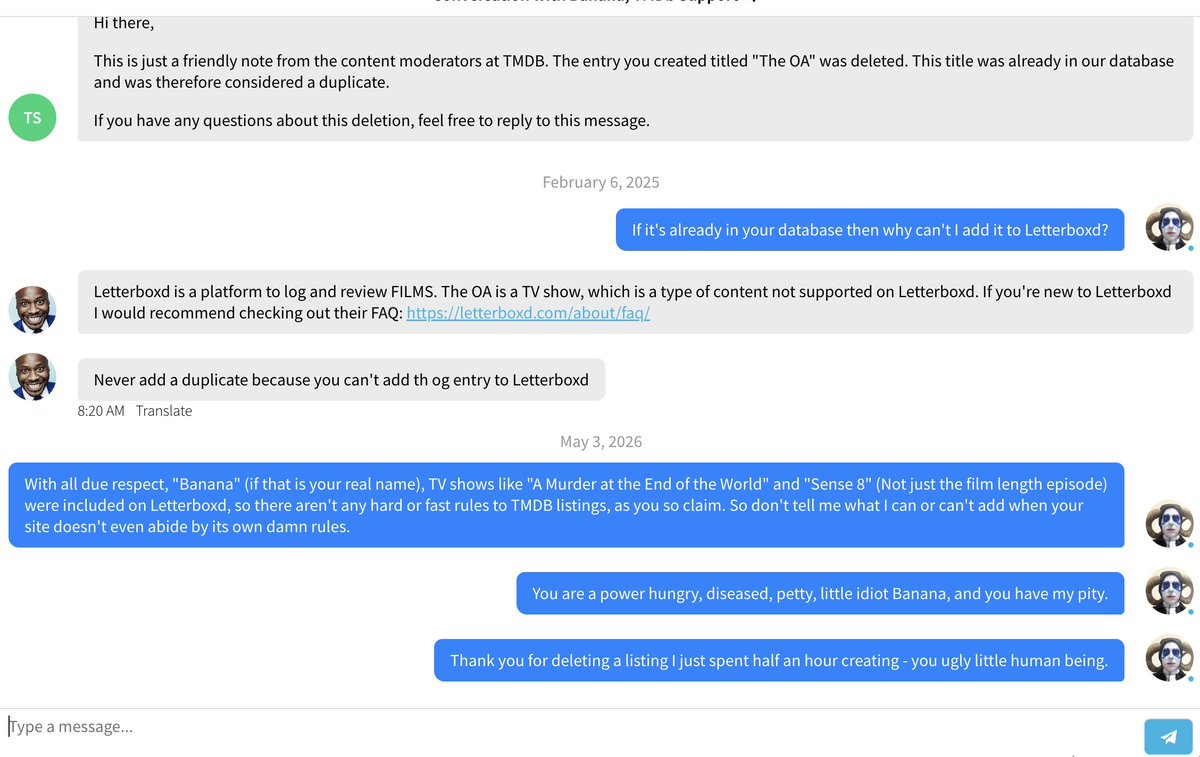 BryanNPike's tweet photo. Seriously, fuck the petty, power hungry Mods over @themoviedb - who the fuck are you people? Diseased shut-ins with too much time on their hands and incapable of even applying the damn rules they espouse in any consistent fashion. I get banned by a dipshit called "Banana" https://t.co/IBZ9rBk73W