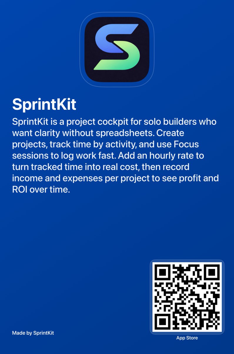JustRouzbeh's tweet photo. If you’re marketing on any platform (TikTok, Instagram, YouTube, X, etc), track the time you spend on it.
I use SprintKit to block a daily Focus session for marketing, so I can see exactly which channels are eating my time.

And if you’re running ads (Meta, Google, Apple Search Ads), SprintKit helps you track spend vs income over any period, so ROI isn’t a guess.

Lifetime is discounted right now. If it’s still too pricey, DM me and I’ll send a promo code in exchange for honest feedback.