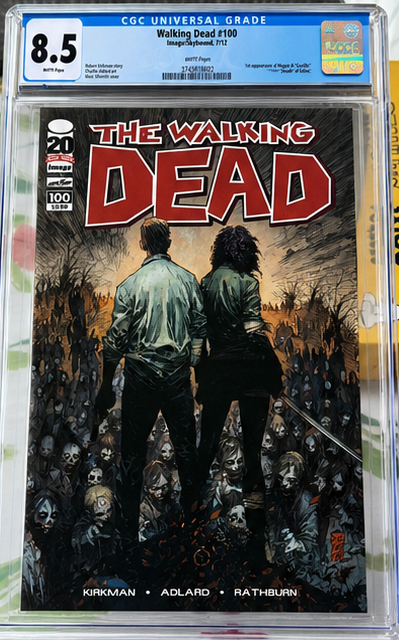 JimDattilo's tweet photo. I picked these up at a yard sale today. All are from The Walking Dead.
- #100: the first appearance of Negan
- #143: the last appearance of Rosita and Ezekiel
- #150: The Jason Latour variant
- #192: the death of Rick Grimes https://t.co/0tAxFvXNiP
