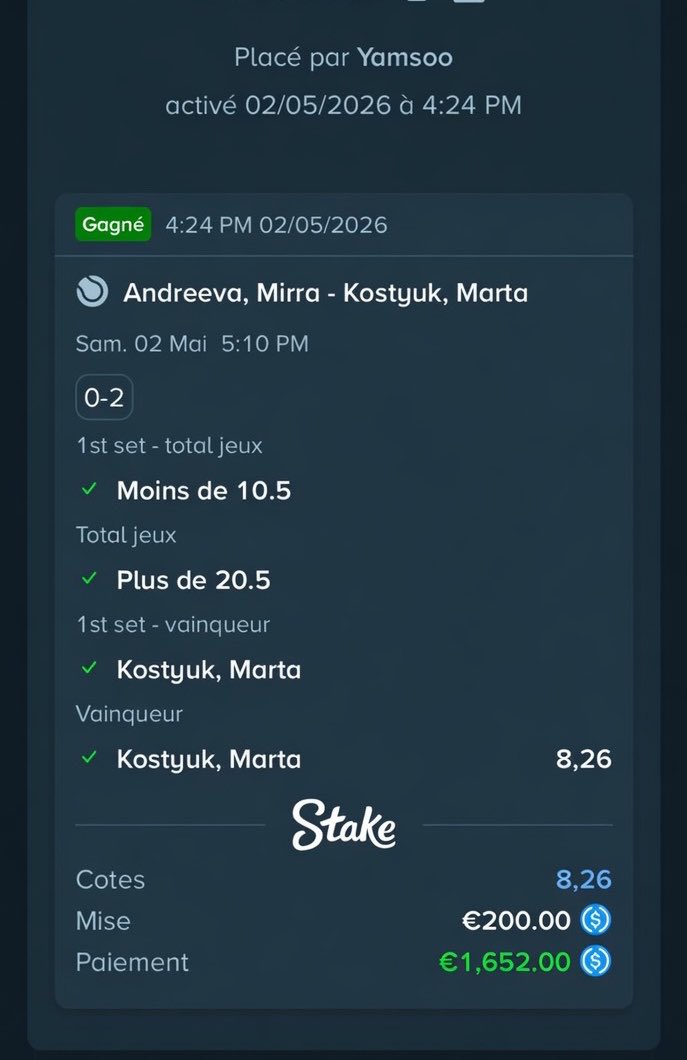 yvmsoo's tweet image. AHAHHAHA ON SE RÉGALE DANS MON VIP 🗽 

MARTAAAAAAA 🇺🇦 | X8.26 ✅

Inscrit-toi sur Stake via mon lien (VPN).⬇️ Pour obtenir -25% de réduction sur le VIP 💎

CODE : YAMSOO 
20€ OFFERT 🛍/ DÉPÔT TRIPLÉ 💎

Stake (VPN) : 
stake.com/?c=Hj3v5Drj&amp;amp;of…

LIEN EN BIO 📥

#WTA 
#MADRID