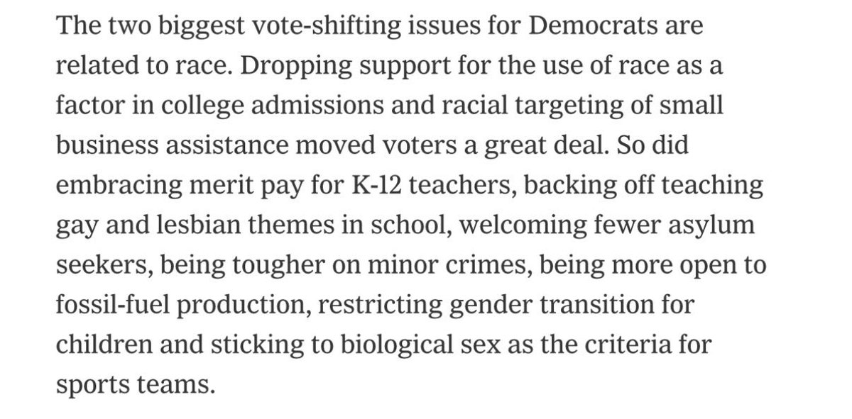 The best available evidence that I am familiar with says that in pure electoral terms the most potent things for Democrats to moderate on are affirmative action, teacher pay, gender/kids stuff, fossil fuels, and harsher punishment for property crime.

nytimes.com/2026/03/16/opi…