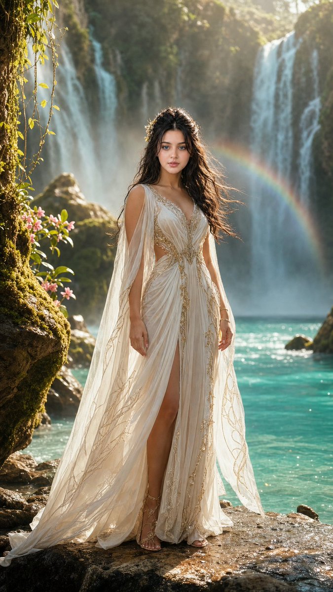 Ethereal Nymph by a Turquoise Waterfall - PromptGather image 1