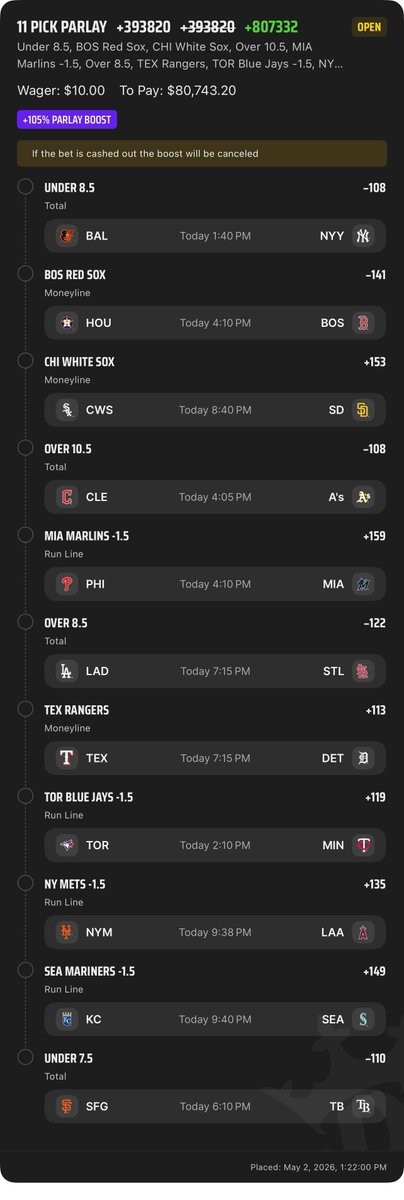 GhostEVplays's tweet image. ⚾️ DraftKings MLB Stepped Up Lotto

⚾️ +807332 (FV +643096.99)
+EV: 61.49%
Playing: 0.06 Unit Promo Max

#draftkings #sports #mlb #baseball #lottery