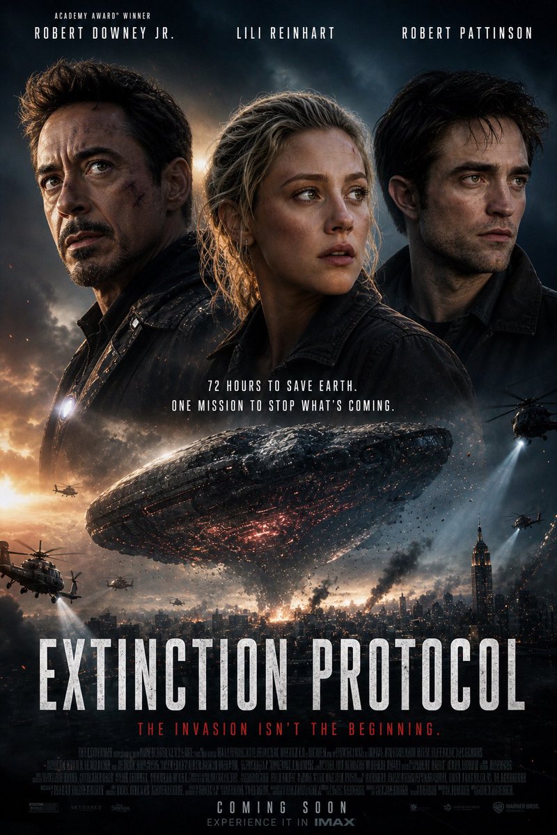 Starpster2's tweet image. Extinction Protocol #robertdowneyjr #lilireinhart #robertpattinson #movieposter #design #graphic