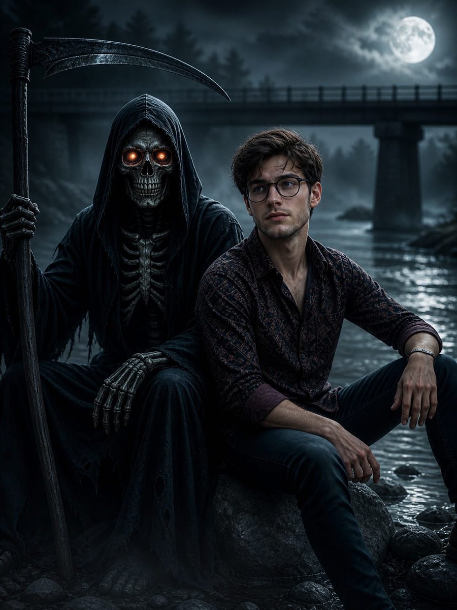 Midnight Reflection by the River with a Grim Companion - PromptGather image 1