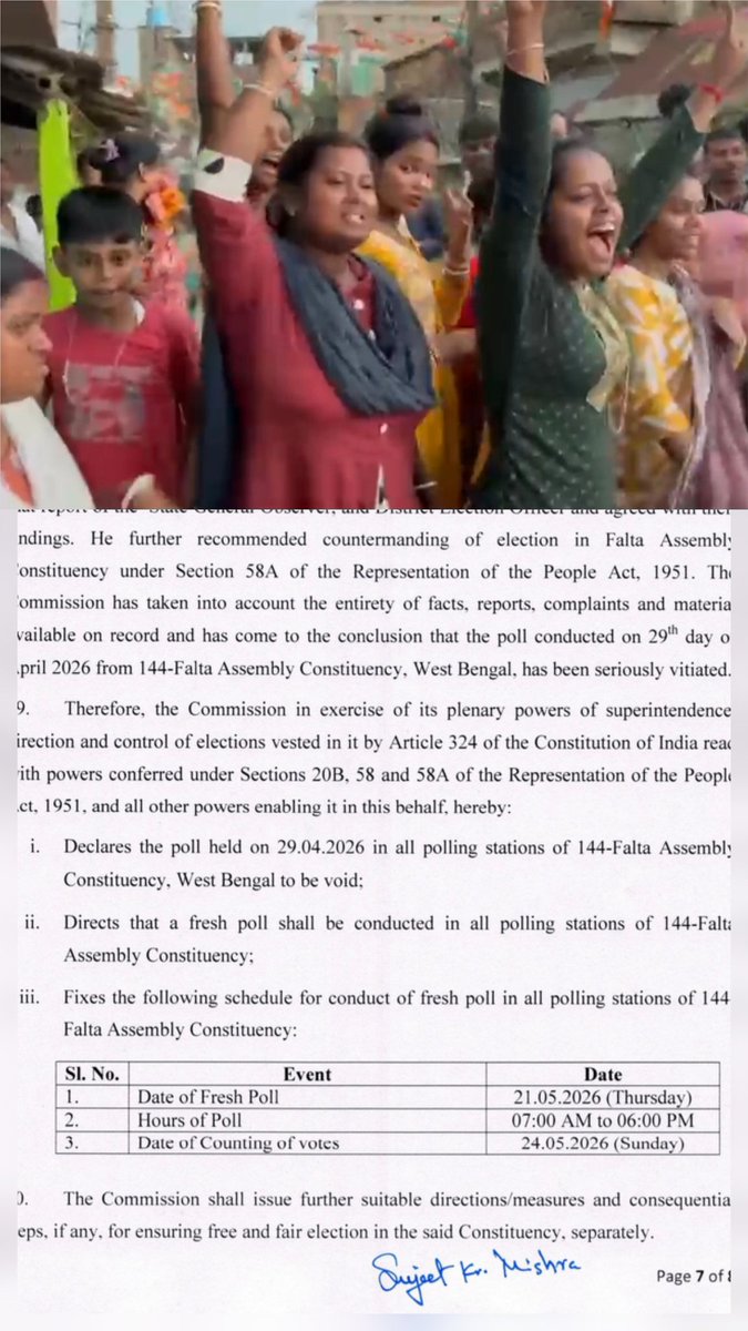 sebelarav's tweet photo. On Consideration of severe electoral offences and subversion of democratic process during the polling in a large number of polling stations on 29th April 2026 in 144-Falta Assembly Constituency, West Bengal:

1. ECI directs that fresh poll shall be conducted in *all* the 285 polling stations, including Auxiliary polling stations;

2. ⁠Fresh Poll in all polling stations will be conducted between 7 AM to 6 PM on *21st May 2026*; and

3. ⁠Counting of votes 
will take place on *24th May 2026*.